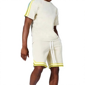 Ensemble T-shirt et short en coton pour homme, col rond, manches courtes, couleur unie, décontracté, respirant, tricoté, pour l'été - Product Image 1