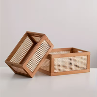 Boîte de rangement en bois de pin en vente chaude, panier de rangement en bois de rotin vintage, organisateur de livres tissé à la main en bois
