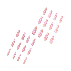 Vente en gros de faux ongles français à couverture complète, design rayé or rose, 24 pièces/boîte, ongles longs de forme ballerine à coller - Product Image 2