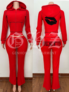 Completo Personalizzato da <span class=keywords><strong>Donna</strong></span> in Tessuto Waffle a Maniche Lunghe <span class=keywords><strong>Tuta</strong></span> Sportiva con Giacca Felpata con Cappuccio e Zip e <span class=keywords><strong>Pantaloni</strong></span> a Gamba Larga Svasati Completo Due Pezzi da Casa - Product Image 2