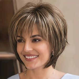 Peluca Sintética de Cabello Corto con <span class=keywords><strong>Flequillo</strong></span> Esponjoso para Mujer, Resistente al Calor, Cabello Liso Natural en Capas, Pelucas Diarias - Product Image 2