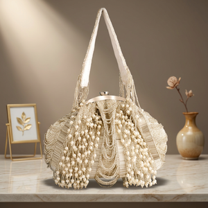 Best Quality Elegant Beaded Shell <b>Wedding</b> Evening <b>Clutch</b> Bag Pearl Metal Frame FLAP Closure Shoulder Strap 1L Capacity - Product Image 2