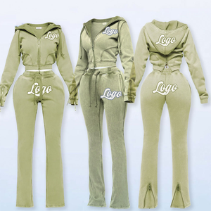 Maßgeschneiderte Trainingsanzüge Workout-Sets für Damen Crop Top Reißverschluss-Hoodie Jacke Schlaghose Leggings 2-teiliges Set Trainingsanzüge für Frauen - Product Image 1