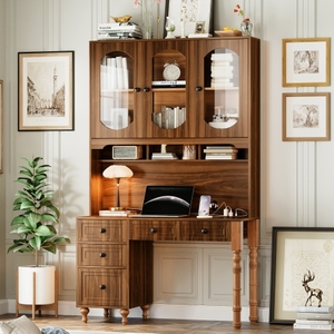 Escritorio Moderno Ecológico y Duradero con Puertos de Carga, Mueble de Oficina con Cajones, Estantería para Libros, Escritorio Ejecutivo para Computadora, MDF para el Hogar - Product Image 1