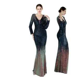 Mujeres Gradient mangas largas Prom hasta el suelo vestidos de noche con lentejuelas - Product Image 5