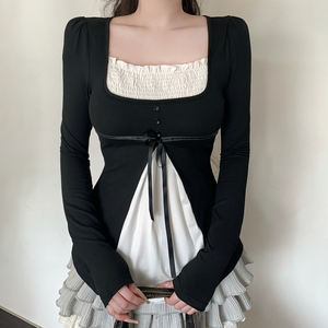 เสื้อยืดแขนยาวผู้หญิงทรงเอไลน์เข้ารูป แต่งสีสันแบบคัลเลอร์บล็อก ดีไซน์เลเยอร์ ตัดต่อผ้าแบบแพทช์เวิร์ค สไตล์ลำลอง ผ้าถัก - Product Image 1