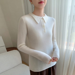 女式 Polo 领半纽扣 100% 羊绒针织套头衫 立式罗纹修身长袖纯色海军蓝毛衣，适合日常通勤 - Product Image 3