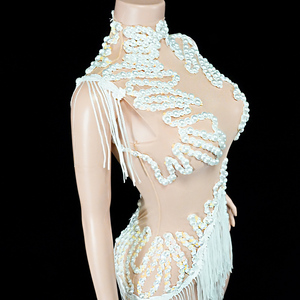 Justaucorps en maille à franges de perles blanches Pearl Couture Regal Swan, couleur ivoire, pour Gala, Diva, Mariage, Showgirl, Performer, Costume de scène - Product Image 5