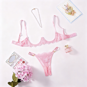 时尚清新甜美粉色印花多色可选蝴蝶结吊带女式内衣文胸套装 - Product Image 1