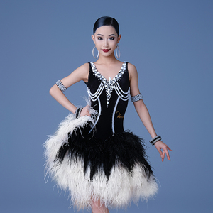 Robe de compétition de <span class=keywords><strong>danse</strong></span> latine Vennystyle, nouvelle, à plumes, costume professionnel pour adultes, jupe en diamant, spandex/coton, rumba, cha-cha, samba - Product Image 1