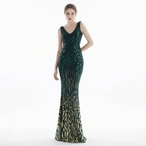 Vestido de Noche de Poliéster con Lentejuelas, Cuello en V Profundo, Sin Mangas, Largo hasta el Suelo, para Fiestas Formales y Banquetes - Product Image 1
