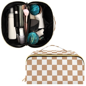 Fashion Brown White Checkered Design Golden Zipper Portable Makeup <b>Bag</b> Custom Logo <b>Travel</b> Cosmetic <b>Bag</b> for Women - Product Image 2
