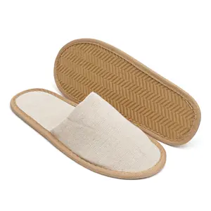 Custom Eco Friendly Wheat Straw Starch Beige Fine Canvas Closed Toe Guest Disposable Hotel Slippers