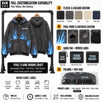 Sweat-shirt à capuche entièrement zippé en molleton épais noir délavé 360 g/m² avec imprimé Pixel Flame et détails de vieillissement prononcés, style streetwear, OEM ODM