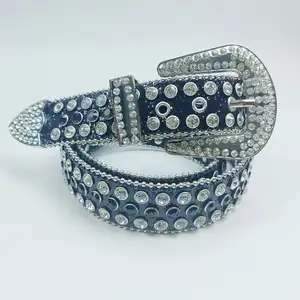 Custom Designer Western Punk Sparkle Unisex Diamond Studded White Rhinestone Leather Belt Men