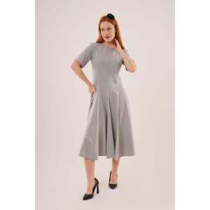 Robe longue grise pour femme Lustrin, vente en gros, avec détails cousus et manches courtes - Confortable, mélange polyester-viscose, longueur midi - Product Image 5