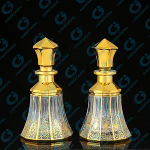 Botella de exhibición de Perfume de vidrio decorativo de oro hecho a mano con impresión UV con diseño personalizado de Attar aceites esenciales de aceite