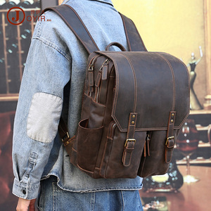 Joyir Men's Retro Leather <b>Backpack</b> 20L Large Capacity Travel Business Commuting <b>Brown</b> Solid Color Detachable Strap - Product Image 1