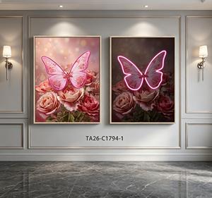 Set di 2 Stampe su Tela con Farfalle Rosa e Rose, Effetto Neon, Dipinti Floreali Romantici con Cornice - Product Image 6