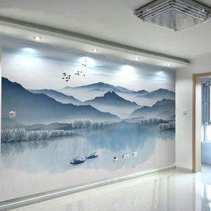 Salon Tv Fond Papier Peint Brume Bleu Abstrait Conception Artistique Mur Tissu Encre Paysage Film Et Télévision Murale - Product Image 1