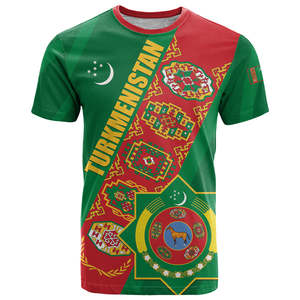 T-shirt all'ingrosso a basso costo per il Giorno dell'Indipendenza del Turkmenistan, con emblema nazionale e design a strisce a tappeto, personalizzabile da uomo - Product Image 4