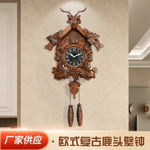 European Retro Deer Head Wall <b>Clock</b> <b>Battery</b> Powered Living Room Decorative Cuckoo <b>Clock</b> Hourly Chime Single Face - Product Image 4