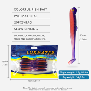 LUSHAZER 20 piezas/bolsa Señuelo blando de pesca 1.3g 60mm Cebo artificial de silicona con cola <span class=keywords><strong>en</strong></span> T para lubina y lucio - Product Image 2