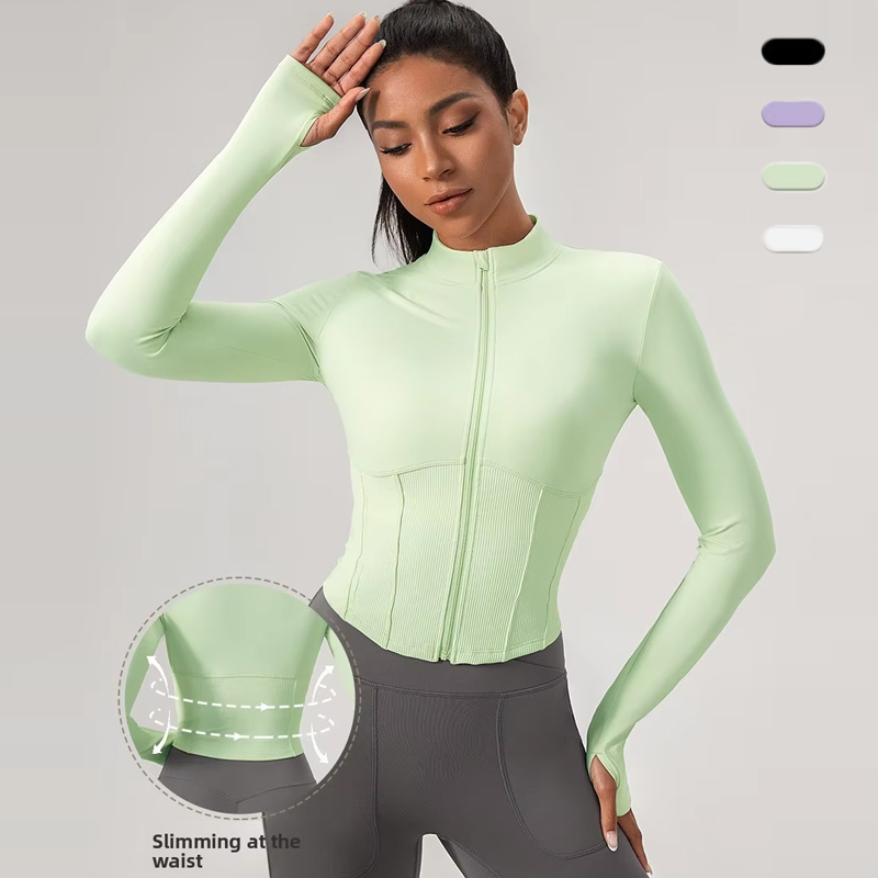 Women's Cropped Full-Zip Yoga Jacket Long Sleeve Stand Collar Workout Top with Waist Slimming Breathable Slim Fit Activewear