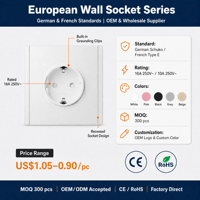 Prise murale simple avec USB C+C, installation rapide sans outil, norme TUV UE, 5 couleurs : Noir, Blanc, Gris, Rose, Beige, pour hôtel et maison
