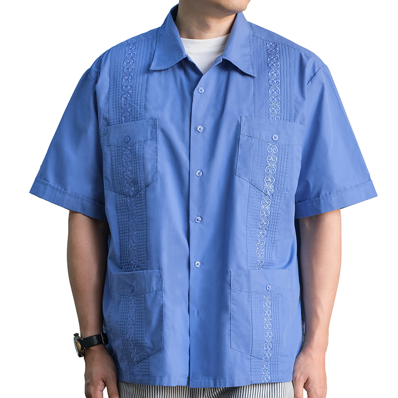 Camisas masculinas casuais de meia manga, logotipo plus size, botão para baixo, cubano, retrô, praia, casamento, com 4 bolsos, guayabera