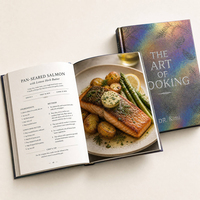 Service d'impression de livres de cuisine de luxe écologiques à couverture rigide avec papier offset, surface holographique, estampage à chaud argenté et gaufrage à sec