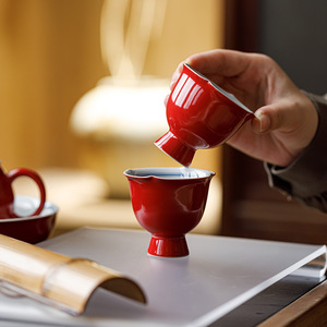 Guanlan Hand Painted Double Line Stem Master Cup Ceramic Kung Fu <b>Tea</b> <b>Set</b> Red Glaze High Footed Sunflower Shape Individual Cup - Product Image 1
