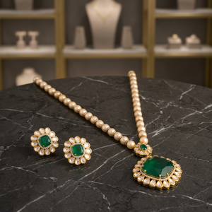 Kundan Flower Shape <b>Emerald</b> Cut Bezel Set Wedding Necklace with Zircon Beads-Elegant & Dazzling - Product Image 3