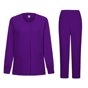 Women's Scrub Set Long Sleeve Cardigan Top And Pants Moisture Wicking Knitted Split Uniform Hospital Workwear - Product Image 5