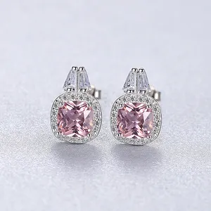 Zircon Earrings Iced Out Baguette Pink CZ S925 Sterling Silver Stud Earrings Women Bling Wedding Jewelry Wholesale Zircon Earring