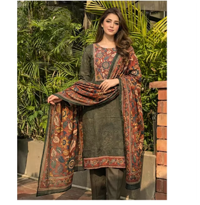 Ensemble Kurta, pantalon et dupatta en coton Kalamkari vert olive pour femmes, sans plis, séchage rapide, tenue décontractée ethnique - Product Image 2