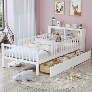 Twin <b>Size</b> Solid Wood <b>Bed</b> with Headboard Storage Rack Two Under-<b>Bed</b> Drawers Three-Side Guardrails for Safety and Security - Product Image 1