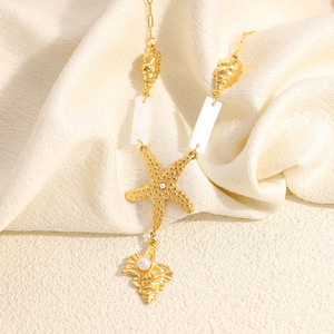 Stainless Steel Necklace Ocean Theme Seashell Starfish <b>Design</b> Pearl Inlay 18k Gold Plated For Vacation - Product Image 2