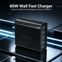 Chargeur mural rapide HNT ODM/OEM 60W 5 en 1 GaN PD & QC 3 ports Type C + 2 ports USB Prise EU/UK Adaptateur coloré Protection PC pour iPhone 15 16