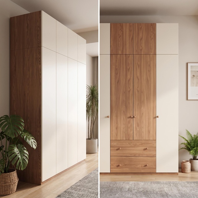 Two Tone Walnut Wardrobe Bedroom Storage Closet Organizer Cabinet Large Capacity Storage Cabinet LED