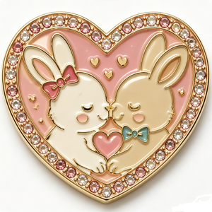 Heart-Shaped Gold-Plated Metal <b>Pin</b> With Enamel Bunny Couple And Rhinestones For Valentine'S Day Love Theme - Product Image 3