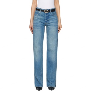 Jean droit décontracté en denim bleu délavé pour femme, taille haute, effet usé, très tendance - Product Image 1