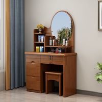 Commode coiffeuse en bois de chêne massif au design moderne et épuré, avec rangement, panneau en bois et miroir éclairé, durable pour chambre et hôtel