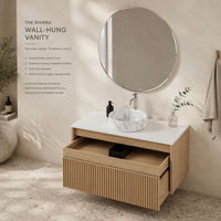 Kabinet Vanity Kamar Mandi Modern yang Dipasang di Dinding, Bagian Depan Berpola Serat Kayu, Dua Laci, Kompatibel dengan Wastafel Vessel, Proyek OEM Kustom