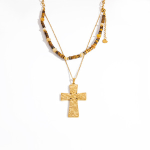 <b>Cross</b> Pendant Necklace Stainless Steel 18K Gold Color Clavicle <b>Chain</b> Instagram Style Natural Stone Jewelry - Product Image 5