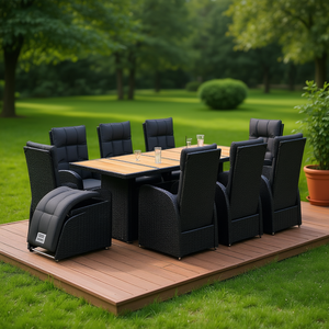 Conjunto de Comedor de Jardín de 8 Plazas, Mesa de Ratán Sintético Negro con Reposapiés Ajustables, Muebles de Exterior de Diseño Contemporáneo - Product Image 2