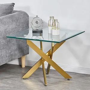 Tabela de luxo com design moderno, polido, sem fecho, aço, vidro temperado, parte superior quadrada, extremidade transparente, mesa para sala de estar