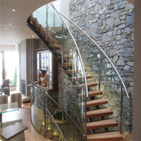 Escalier en colimaçon moderne Prima 034 pour intérieur, avec garde-corps en verre, construction en acier inoxydable et aluminium, bois massif, pour villa et appartement