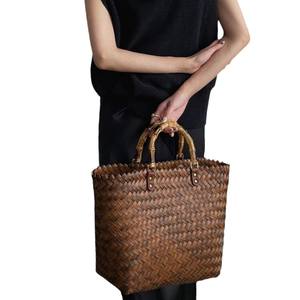 Bolso de cubo de paja de bambú Vintage hecho a mano para mujer, tejido de poliéster a la moda que combina con todo, cierre abierto, Correa única, capacidad de 1-1,9 L - Product Image 5
