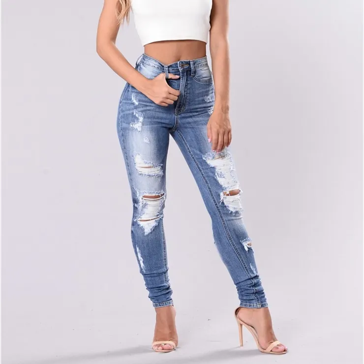 2020 Fashion Street Ripped Jeans Frauen, Damen hoch taillierte Lady Jeans Denim Skinny Stretch D Jeans